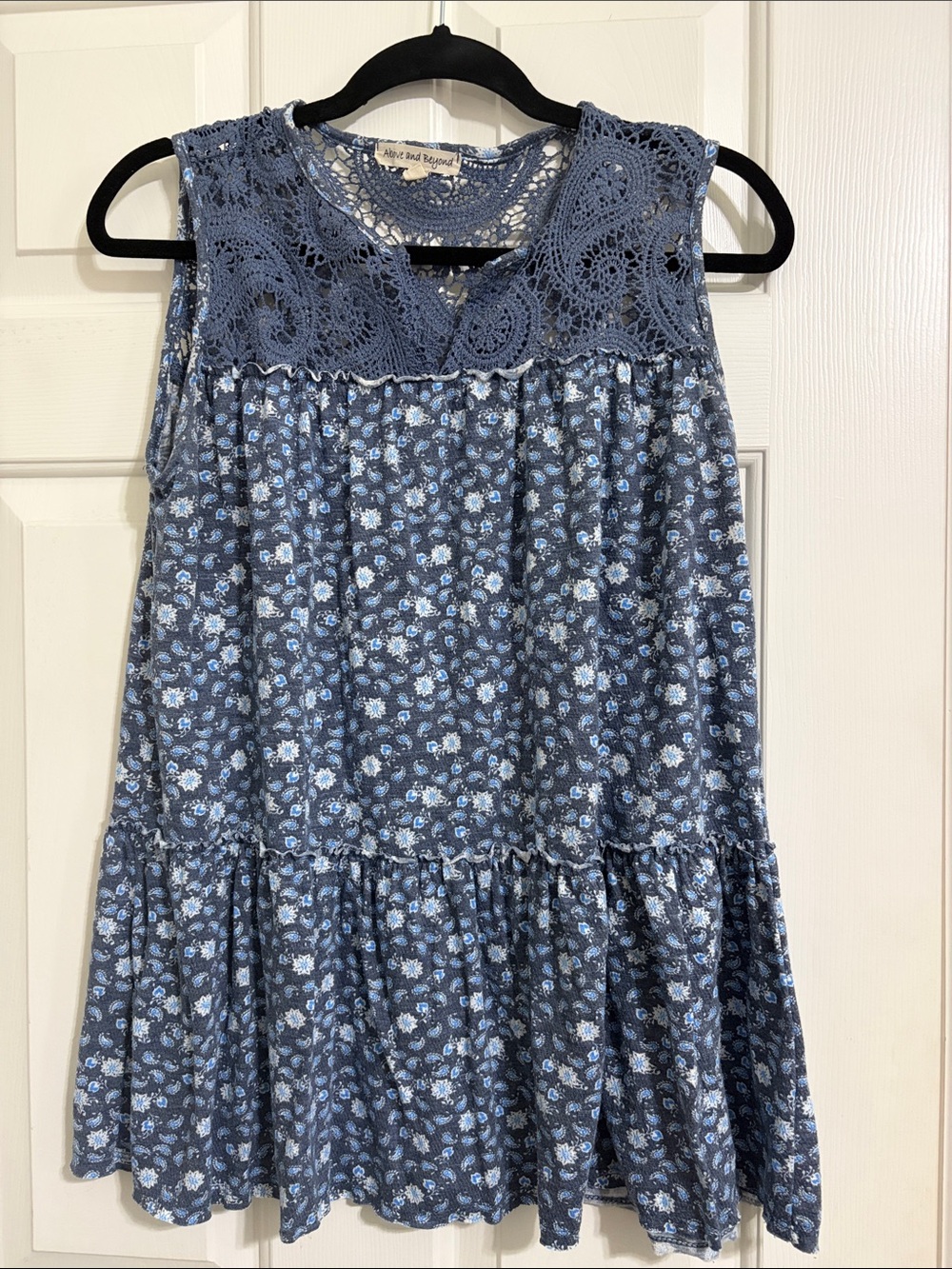 Above and Beyond Blue Crochet-Yoke Lace Tunic Top Paisley Blue